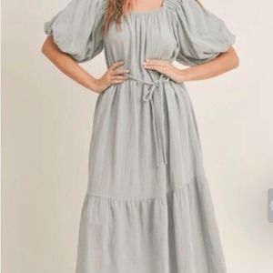 Baby blue gauze cotton tiered dress with pockets